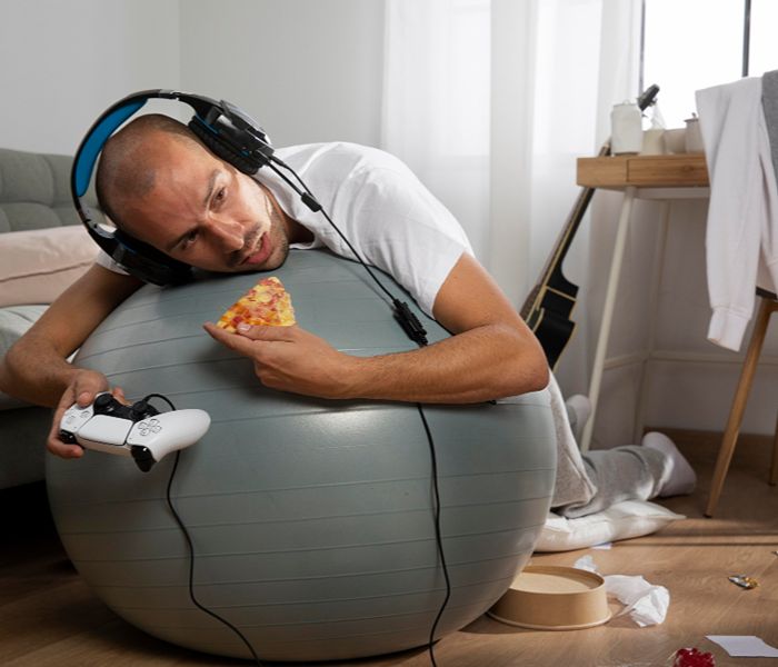 Man eating pizza while playing video game